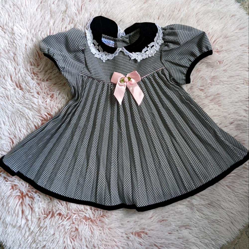 Piccolo Velvet-trimmed Pleated Check Dress Lacey Peter-pan Collar 12m